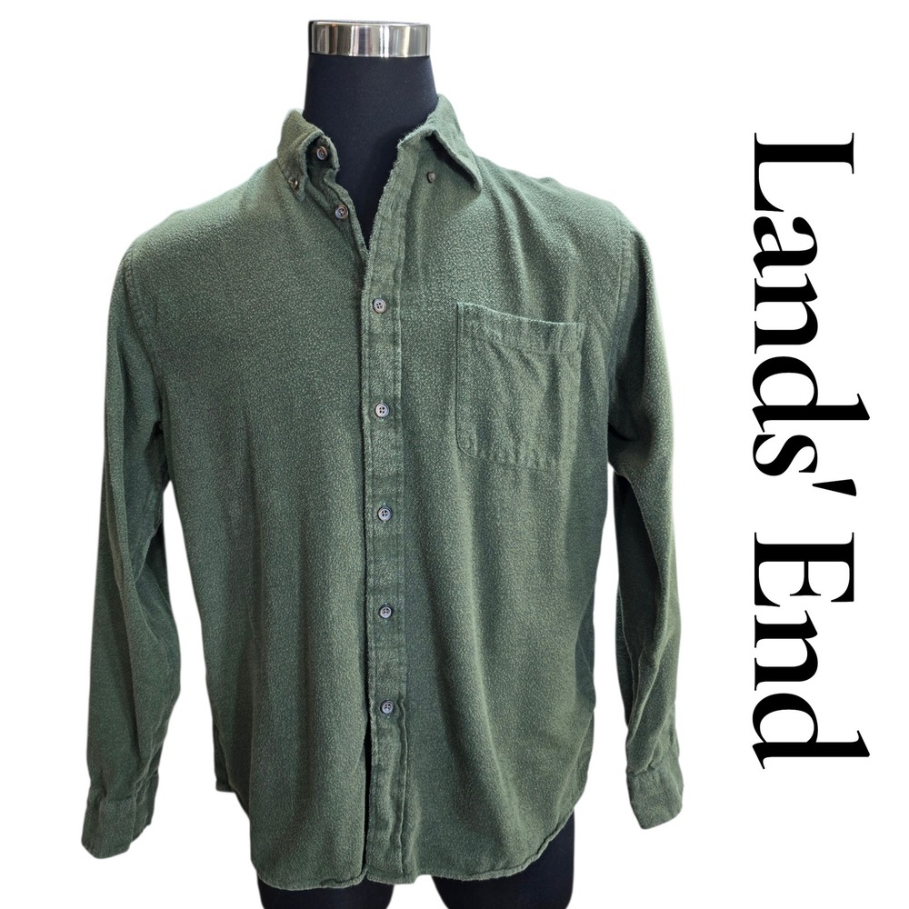 Lands End Shirt Mens L Green 100% Cotton Flannel Button Down Traditional Classic